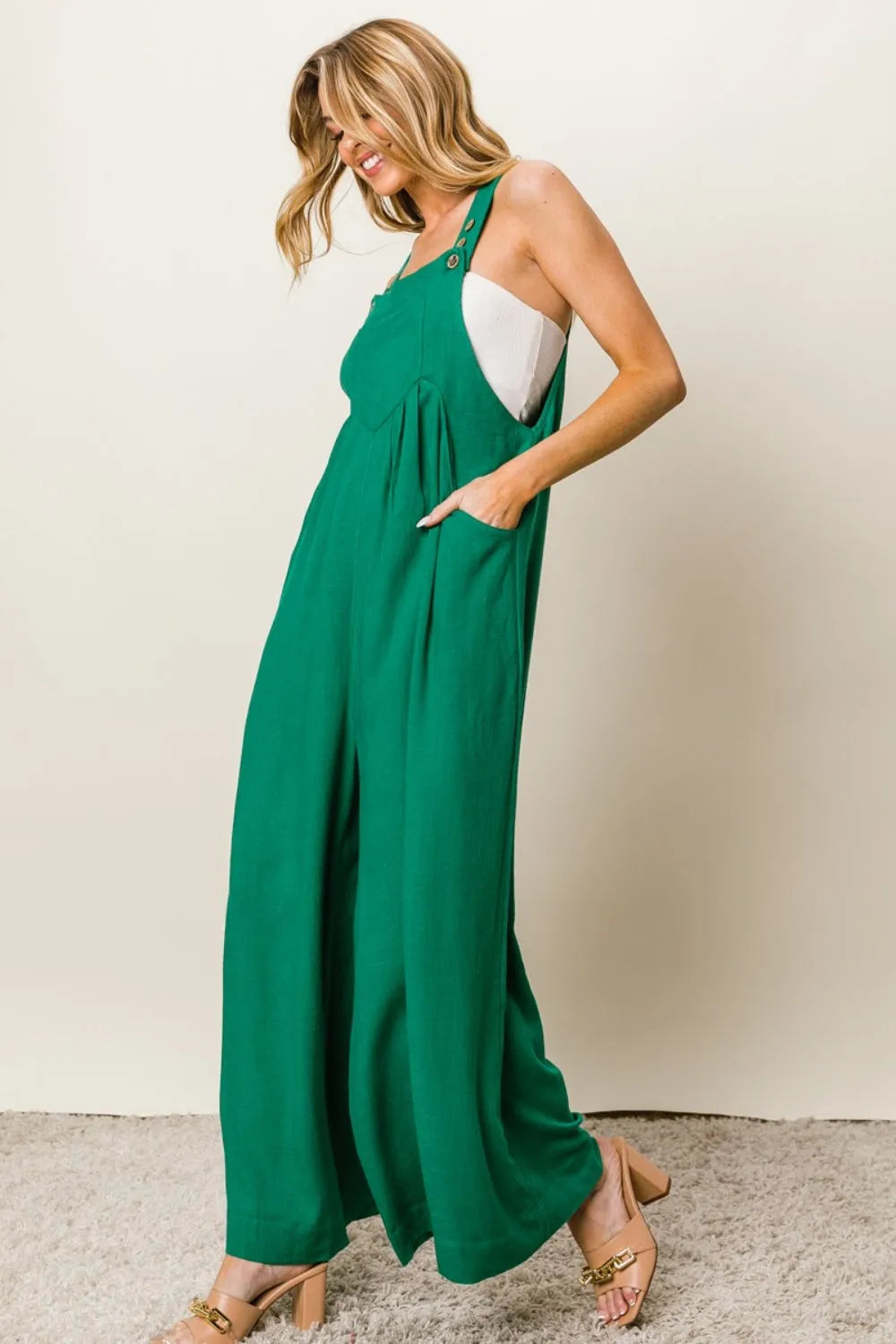 BiBi Texture Sleeveless Wide Leg Jumpsuit - Wellen Fashion