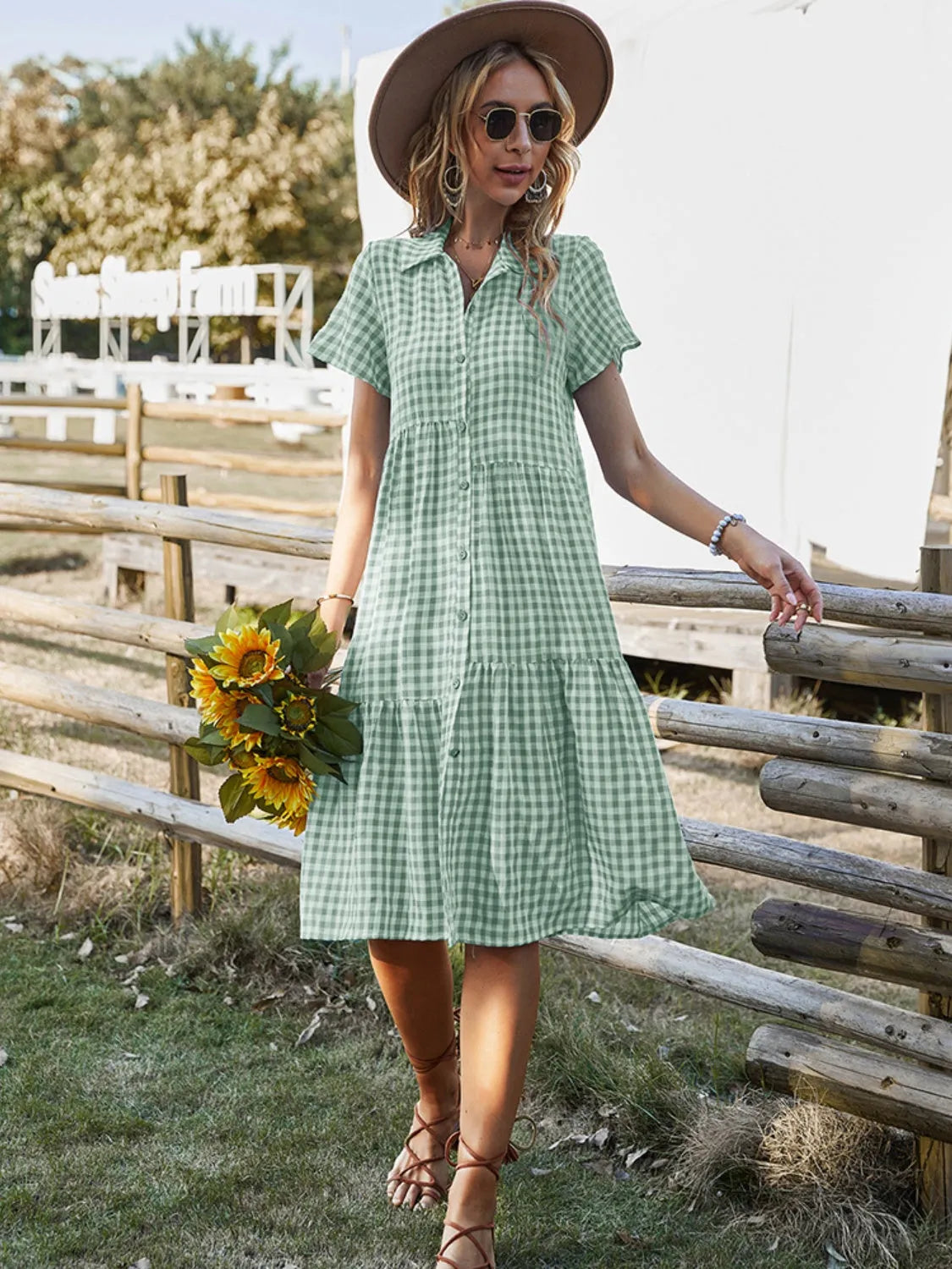 Button Up Plaid Short Sleeve Midi Dress - Wellen Fashion