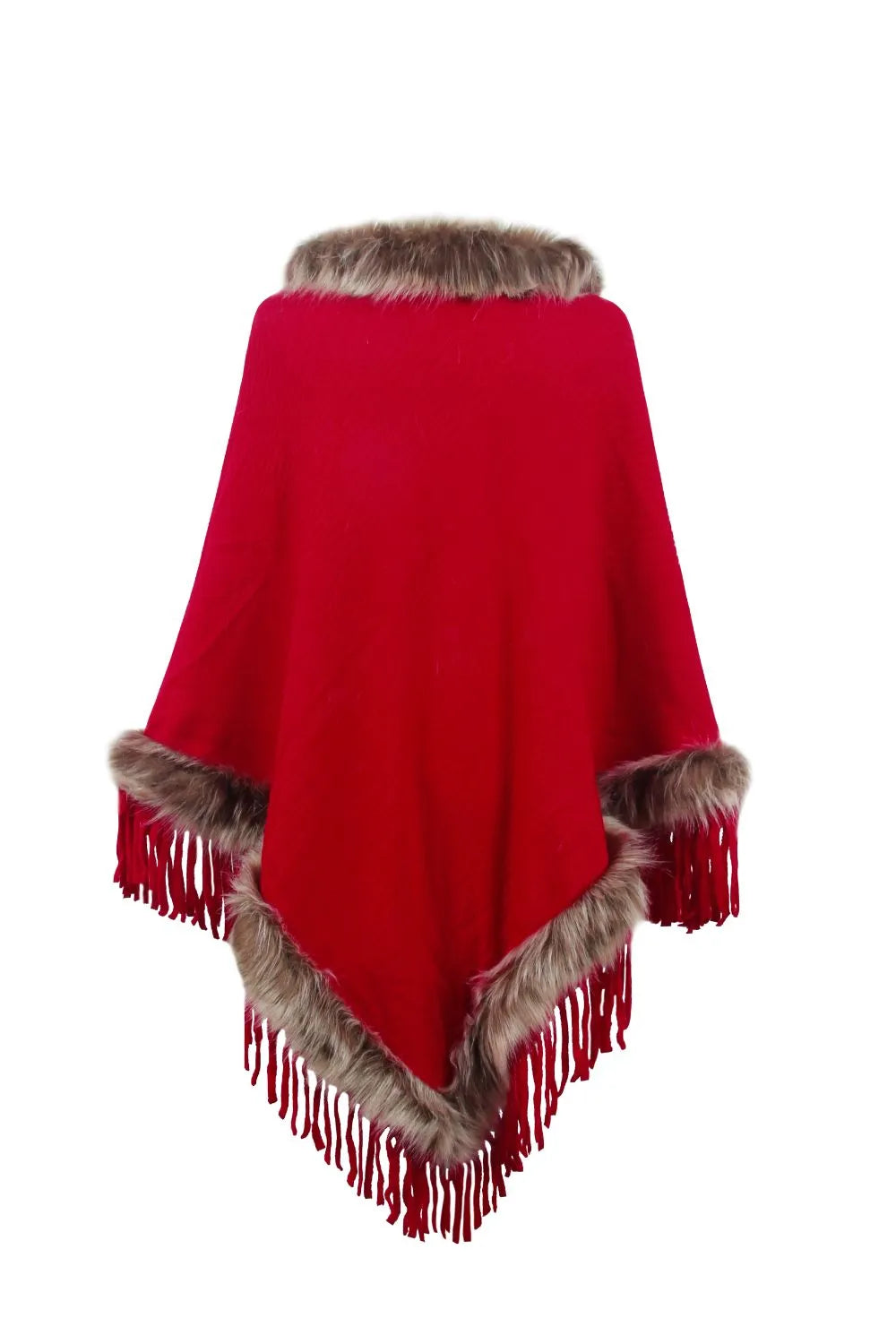 Faux Fur Trim Fringed Poncho - Wellen Fashion