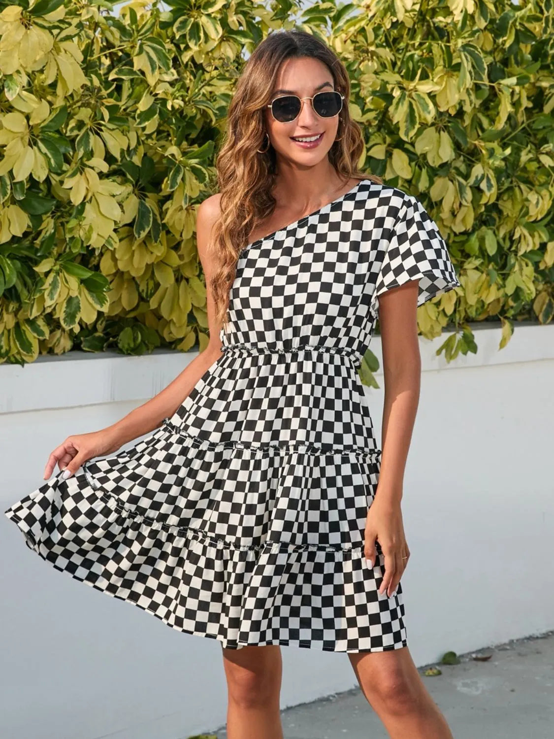 Checkered Single Shoulder Mini Dress - Wellen Fashion