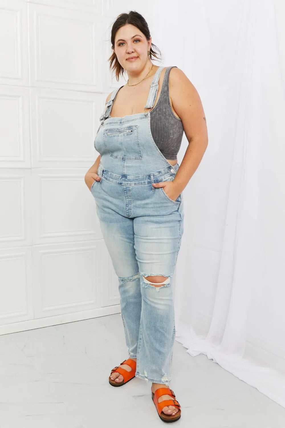 Judy Blue Melina Full Size Distressed Straight Leg Overalls - Wellen Fashion