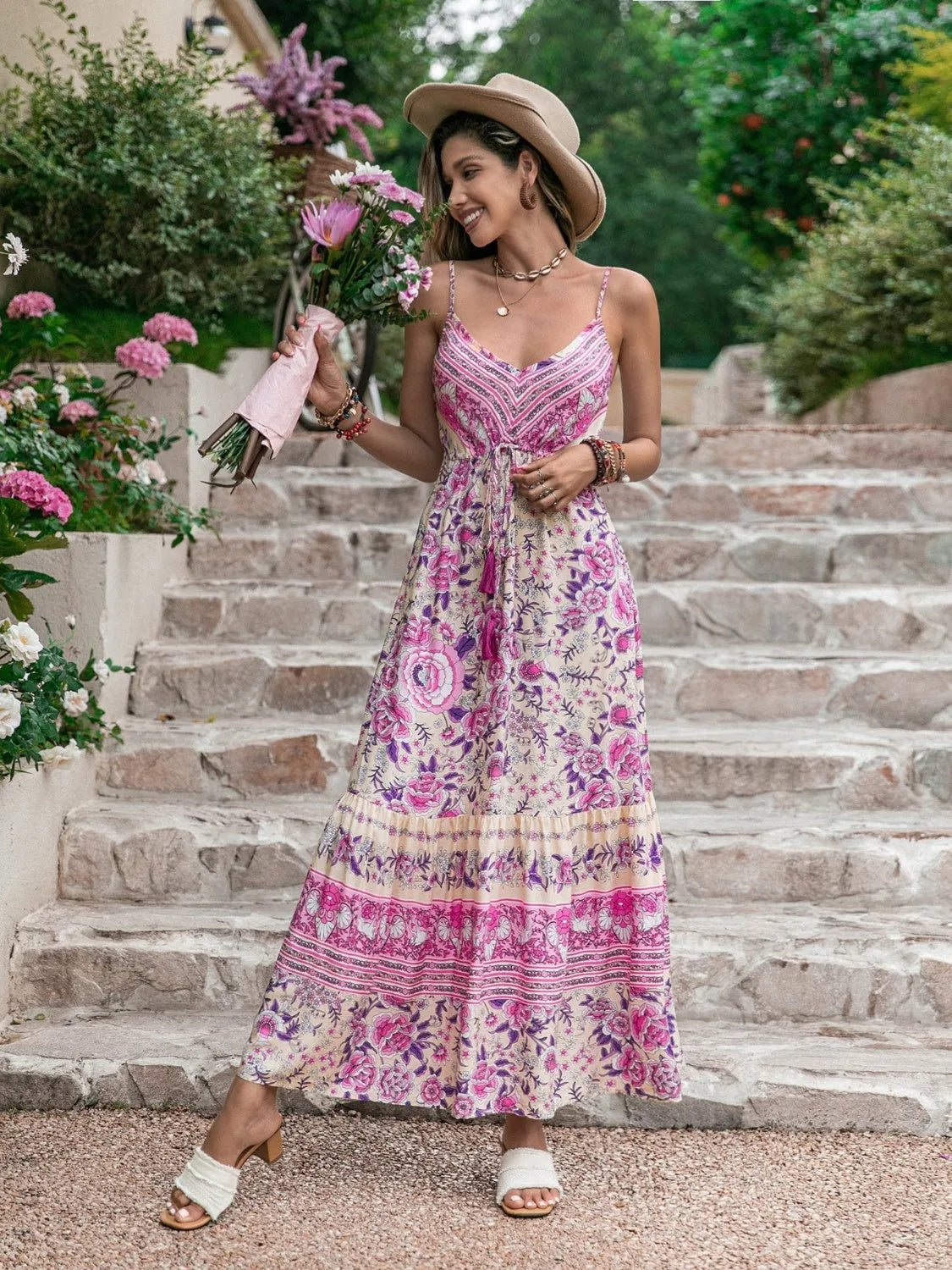 Tassel Printed V-Neck Maxi Dress - Wellen Fashion