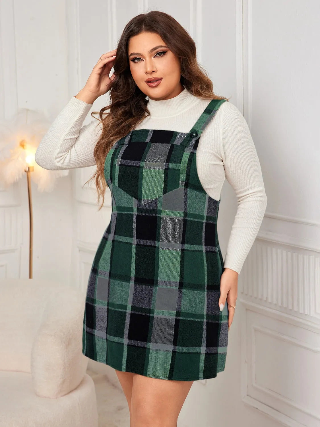 Honey Plus Size Plaid Wide Strap Overall Dress - Wellen Fashion