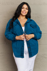 Zenana Cozy in the Cabin Full Size Fleece Elbow Patch Shacket in Teal - Wellen Fashion