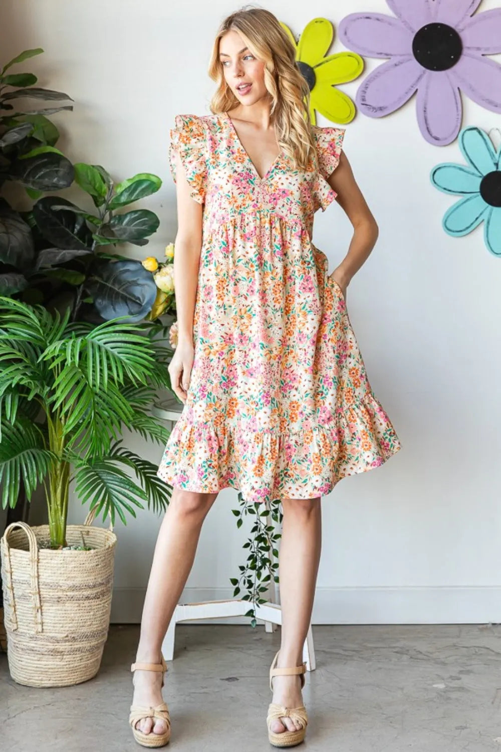 Heimish Full Size Floral Ruffled V-Neck Dress - Wellen Fashion