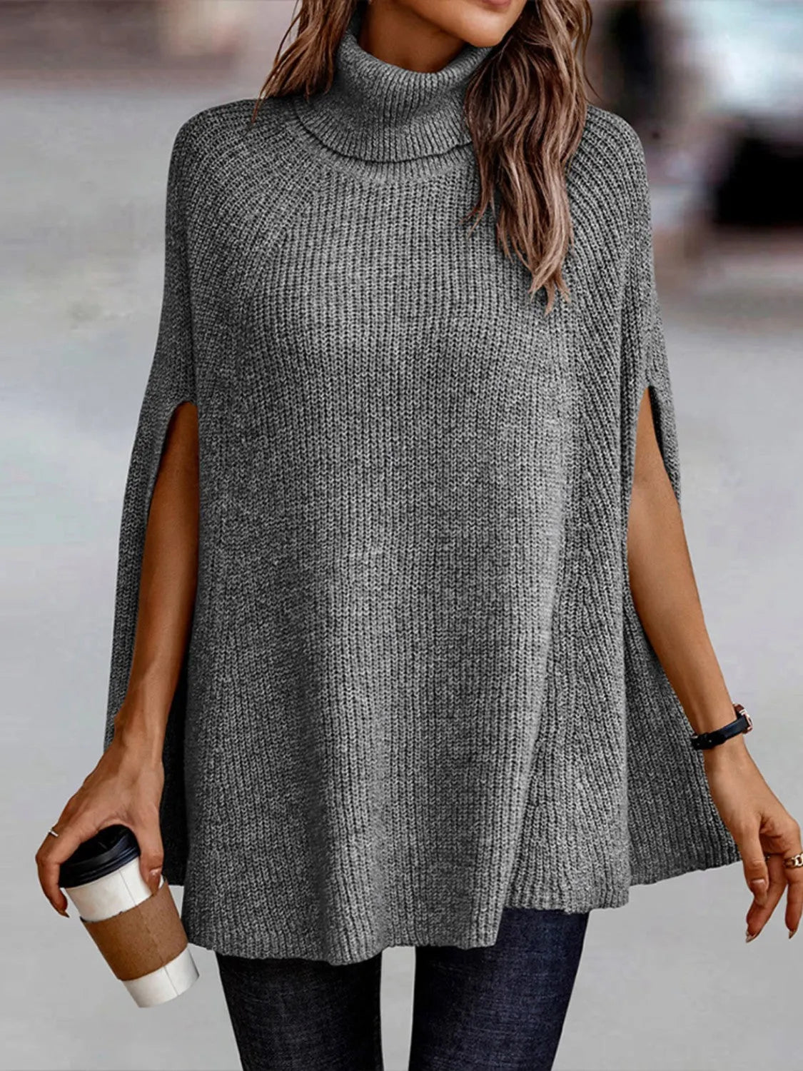 Turtleneck Dolman Sleeve Poncho - Wellen Fashion