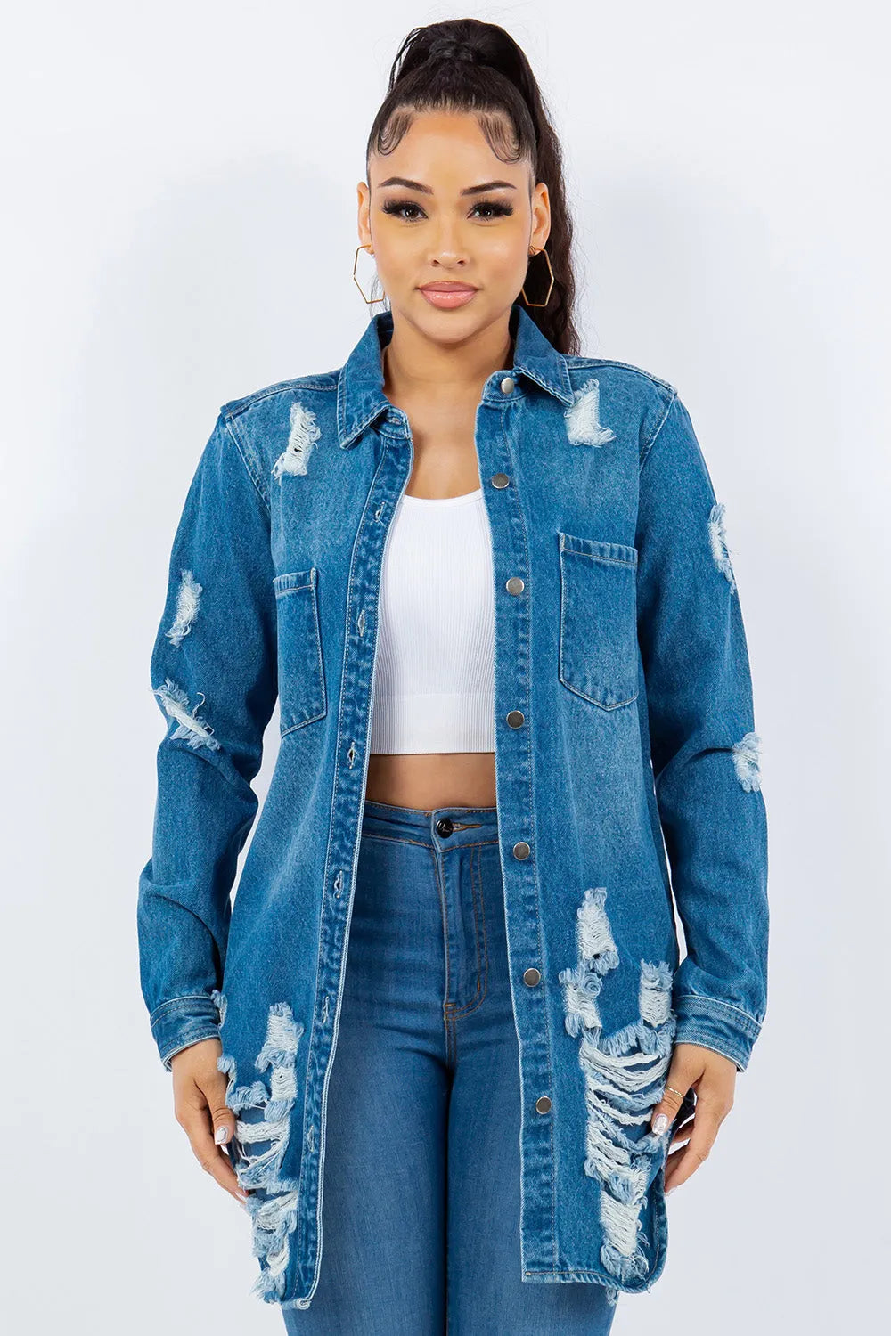 American Bazi Distressed Button Up Long Sleeve Denim Jacket - Wellen Fashion