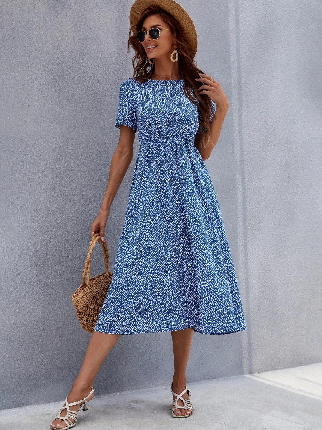 Printed Round Neck Short Sleeve Midi Dress - Wellen Fashion