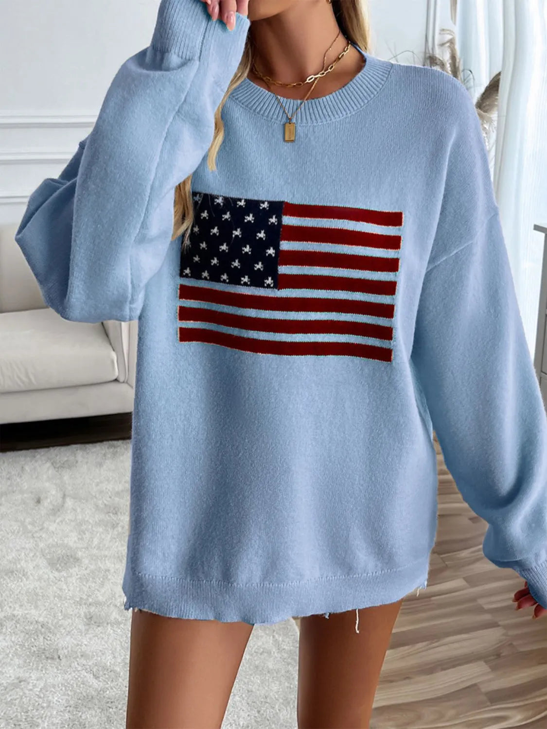 Devine US Flag Round Neck Long Sleeve Knit Top - Wellen Fashion