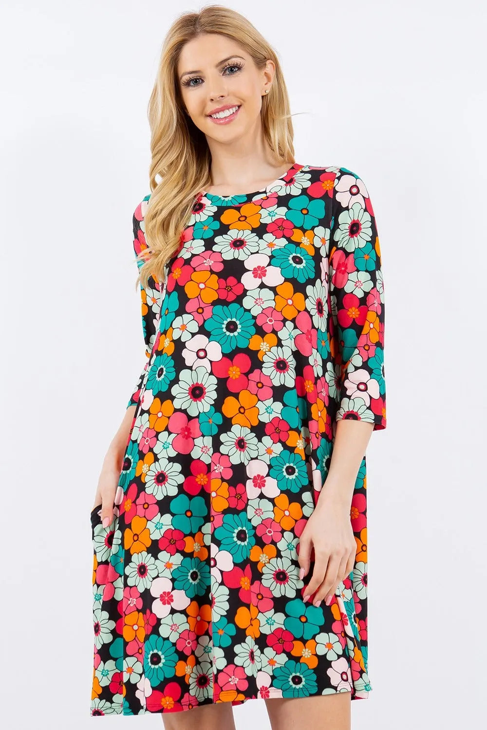 Celeste Full Size Floral Three-Quarter Sleeve Dress with Pockets - Wellen Fashion