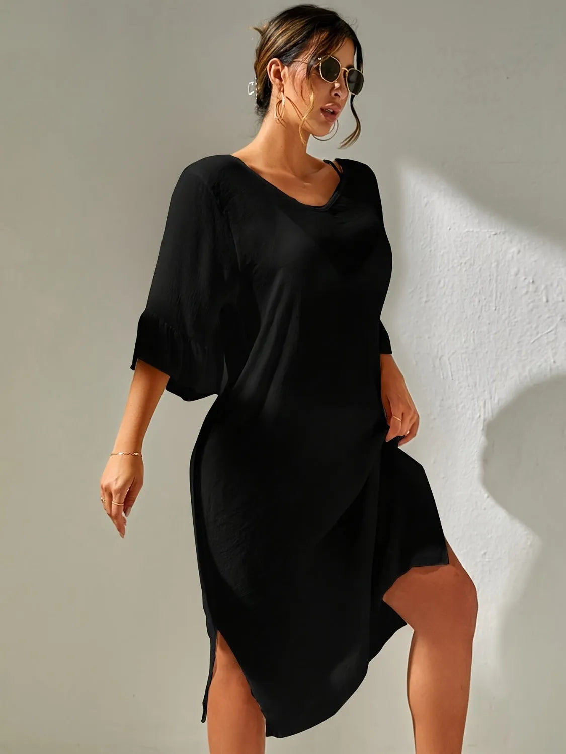 Slit V-Neck Flounce Sleeve Cover-Up - Wellen Fashion