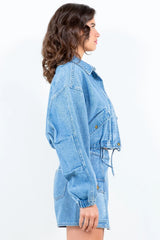 American Bazi Drawstring Waist Crop Denim Jacket - Wellen Fashion