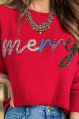 MERRY Round Neck Long Sleeve Sweater - Wellen Fashion