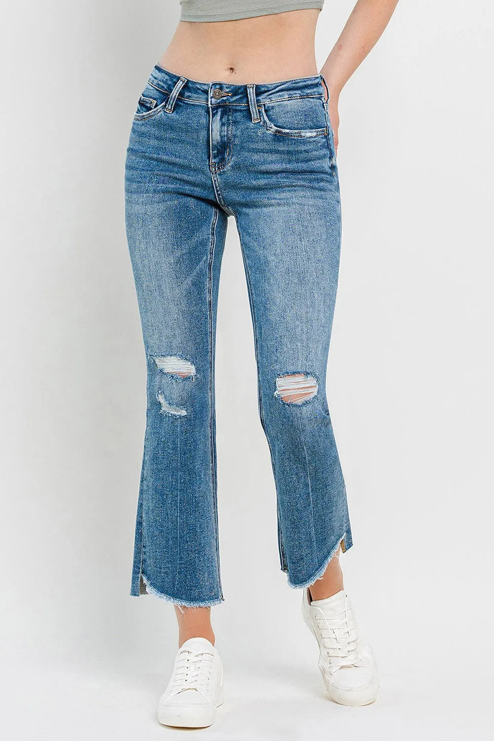 Vervet by Flying Monkey Full Size Mid Rise Distressed Cropped Flare Jeans - Wellen Fashion