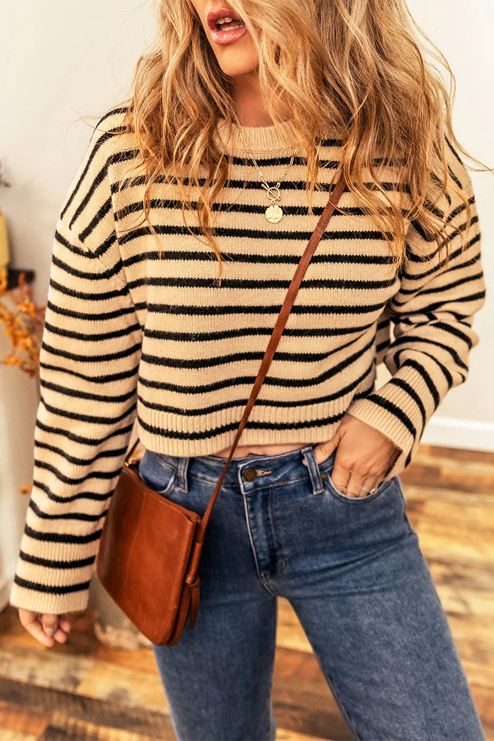 Striped Round Neck Long Sleeve Cropped Sweater - Wellen Fashion