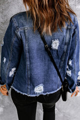 Mixed Print Distressed Button Front Denim Jacket - Wellen Fashion