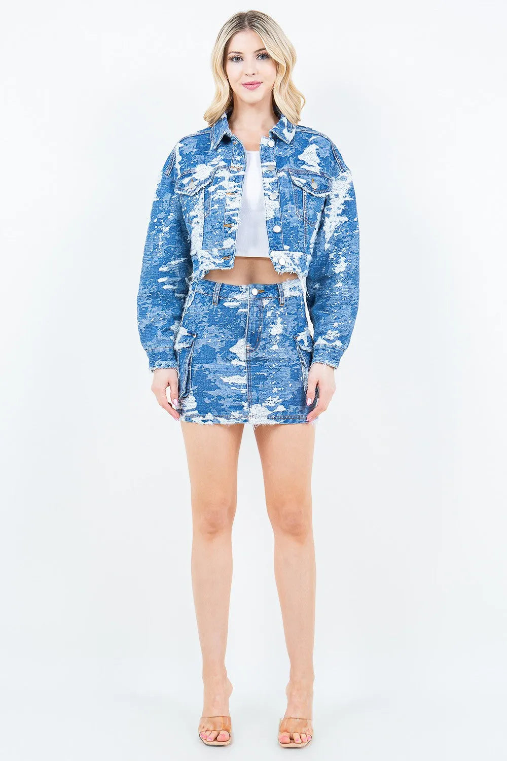 American Bazi Jacquard Trim Cropped Denim Jacket - Wellen Fashion