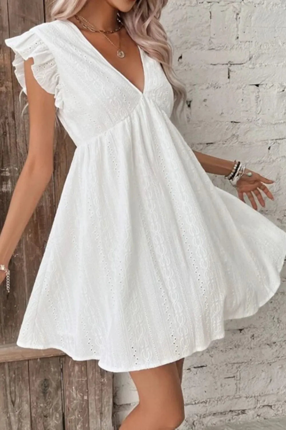 Eyelet Ruffled Cap Sleeve Mini Dress - Wellen Fashion