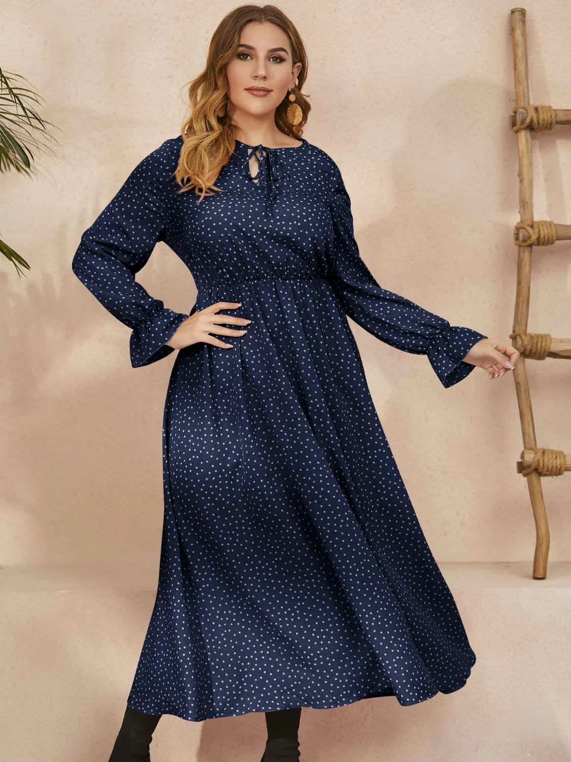 Honey Plus Size Ruffled Polka Dot Long Sleeve Midi Dress - Wellen Fashion