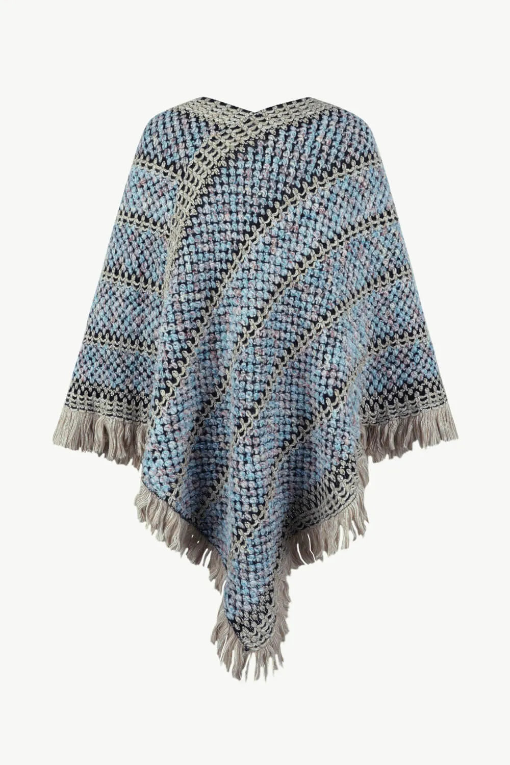 V-Neck Fringe Hem Poncho - Wellen Fashion