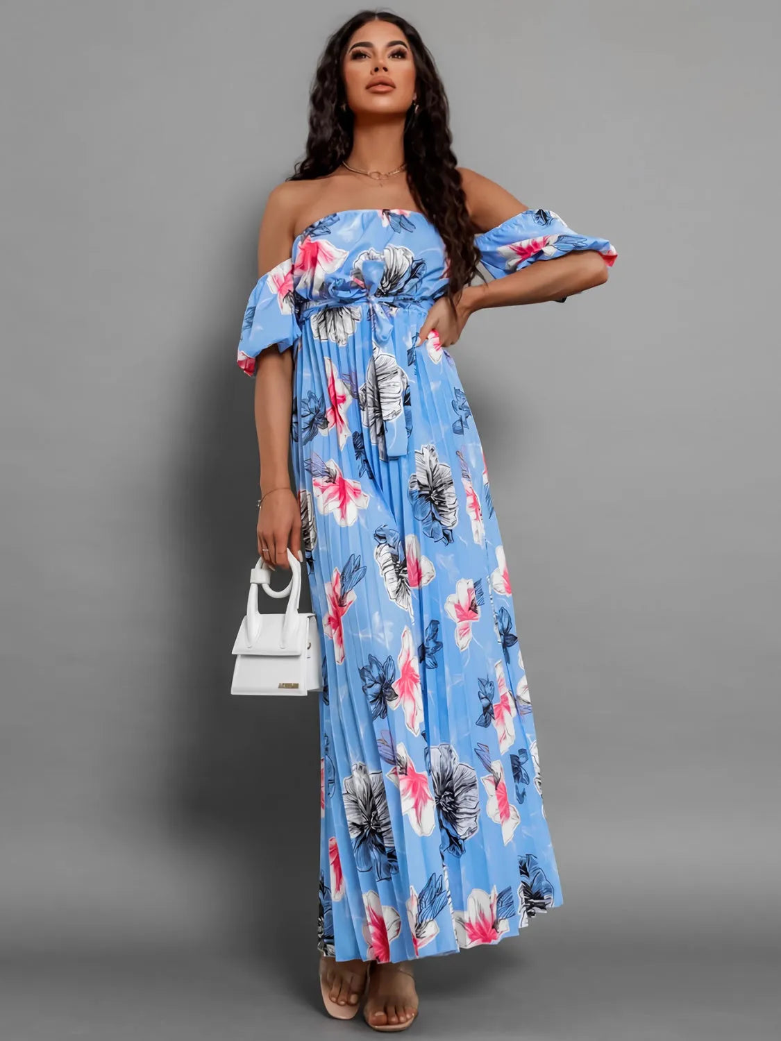 Pleated Floral Off-Shoulder Short Sleeve Midi Dress - Wellen Fashion