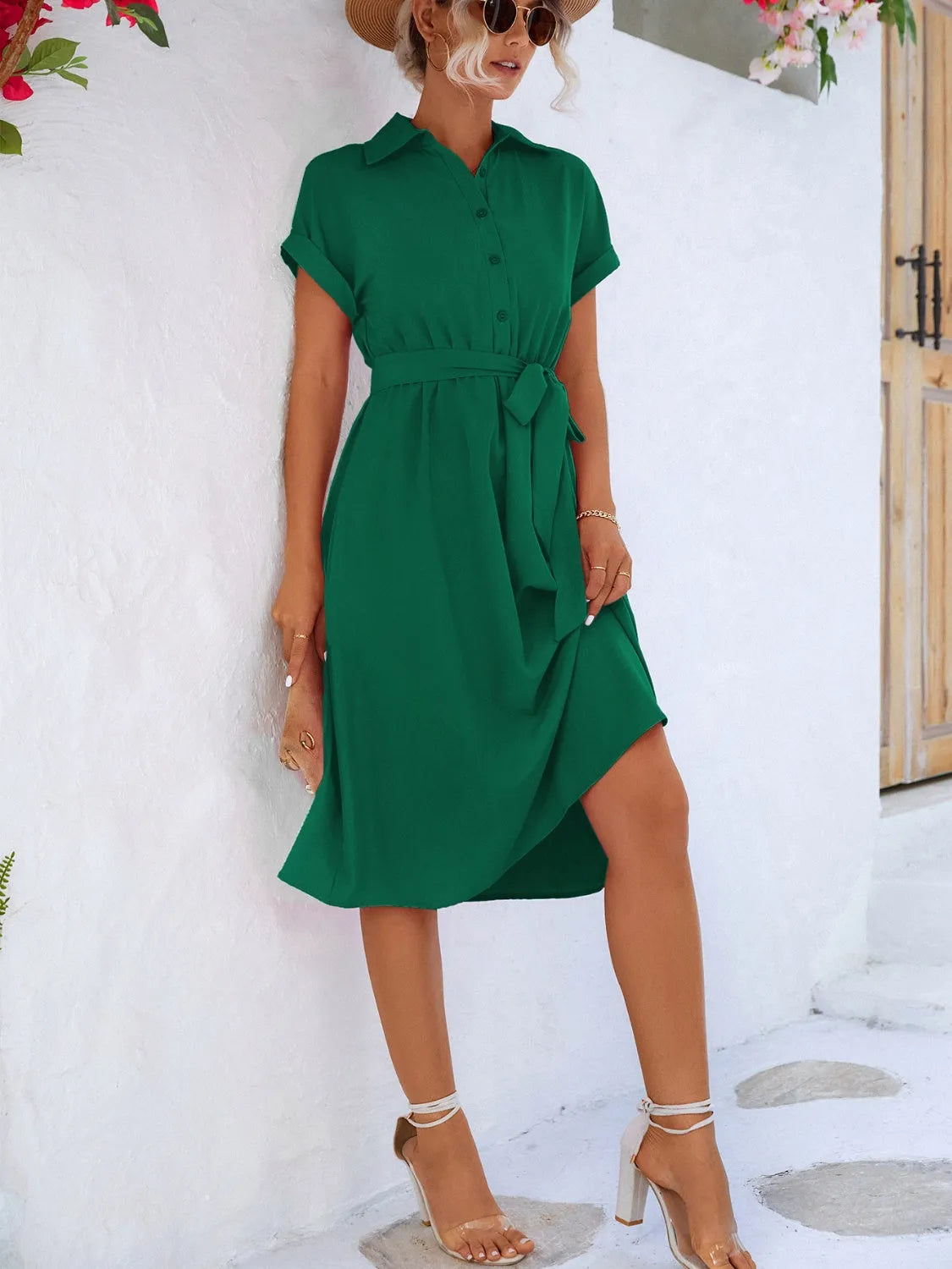 Buttoned Tie Waist Short Sleeve Dress - Wellen Fashion