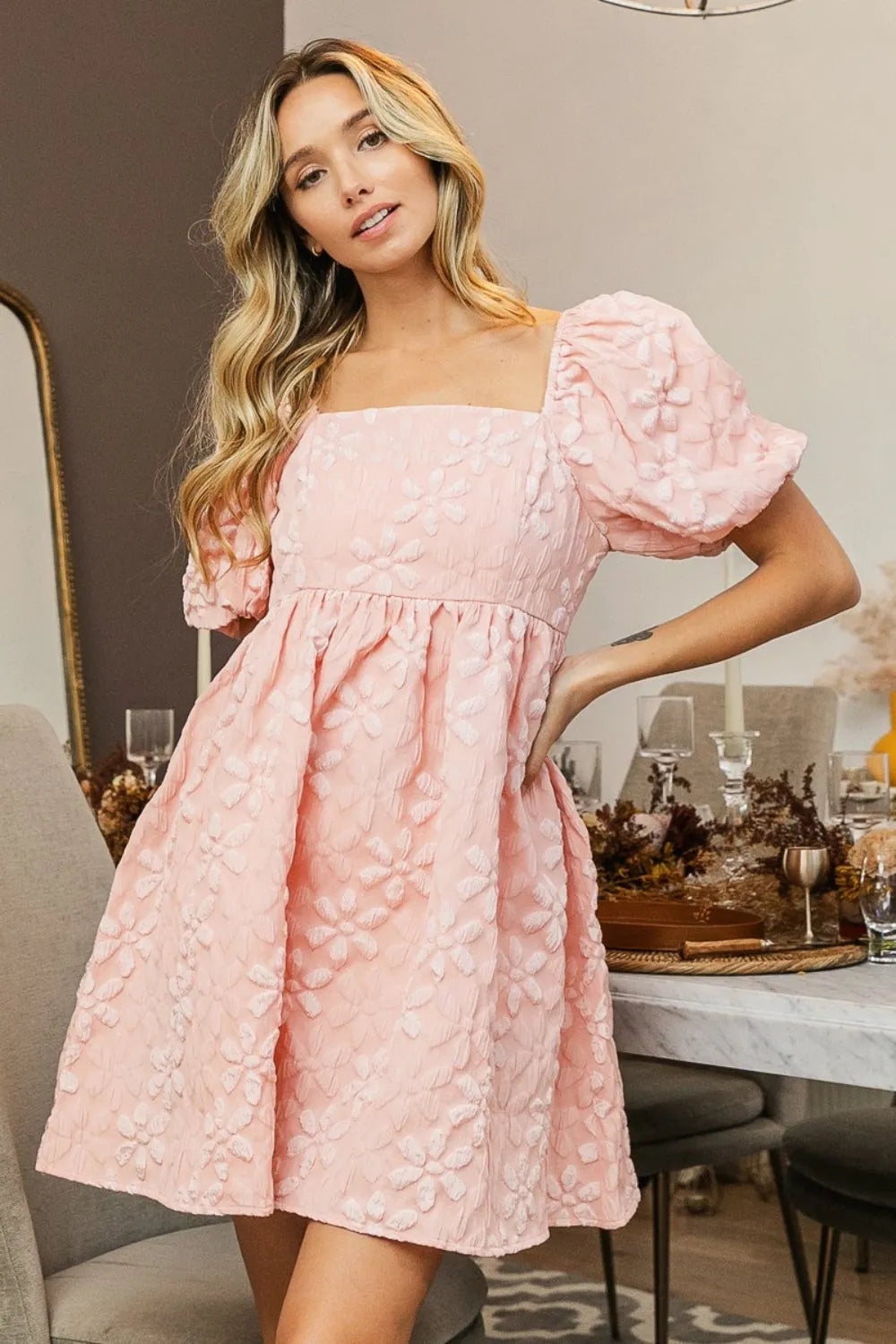 BiBi Flower Square Neck Puff Sleeve Dress - Wellen Fashion