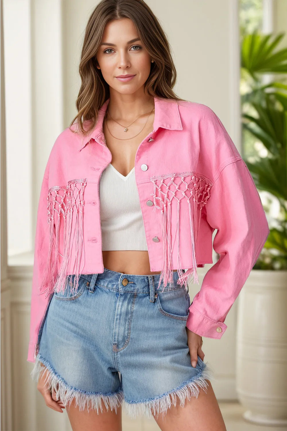 Tassel Sequin Letter Long Sleeve Denim Jacket - Wellen Fashion