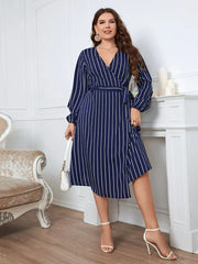 Honey Melo Apparel Plus Size Striped Surplice Neck Long Sleeve Dress - Wellen Fashion