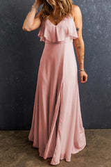 Slit Ruffled V-Neck Maxi Dress - Wellen Fashion