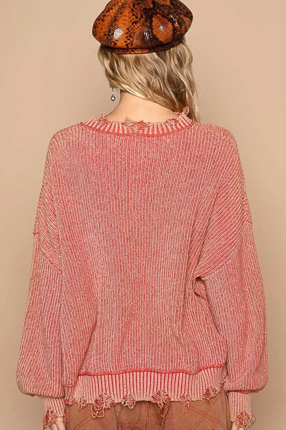 POL Distressed Washed Drop Shoulder Sweater - Wellen Fashion