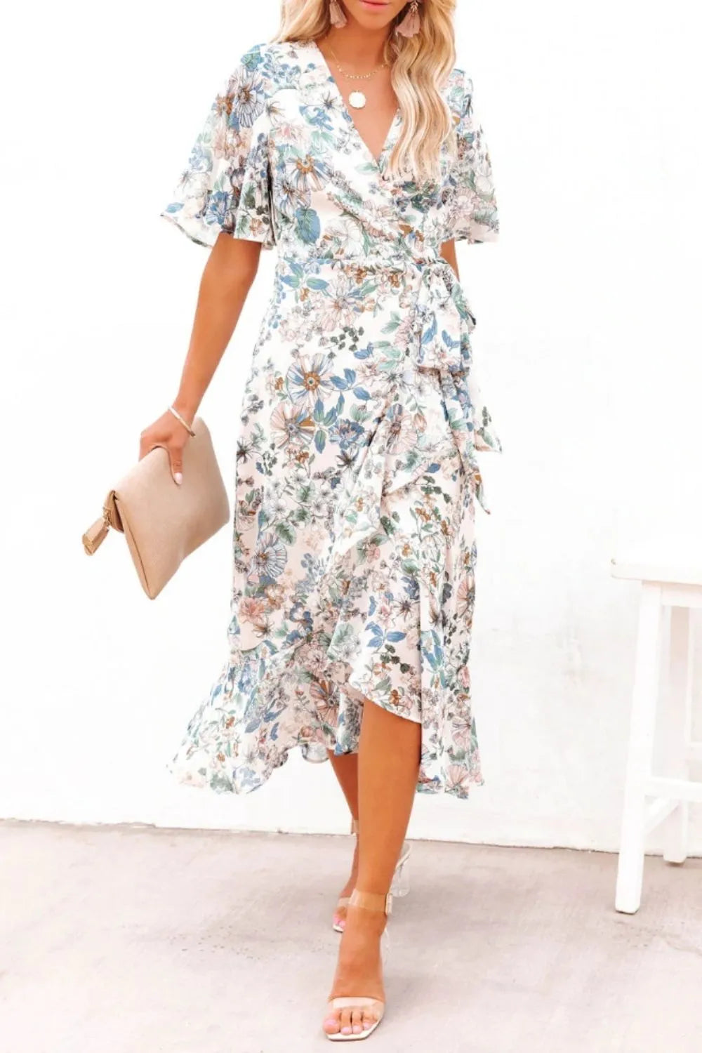 High-Low Printed Surplice Flutter Sleeve Midi Dress - Wellen Fashion