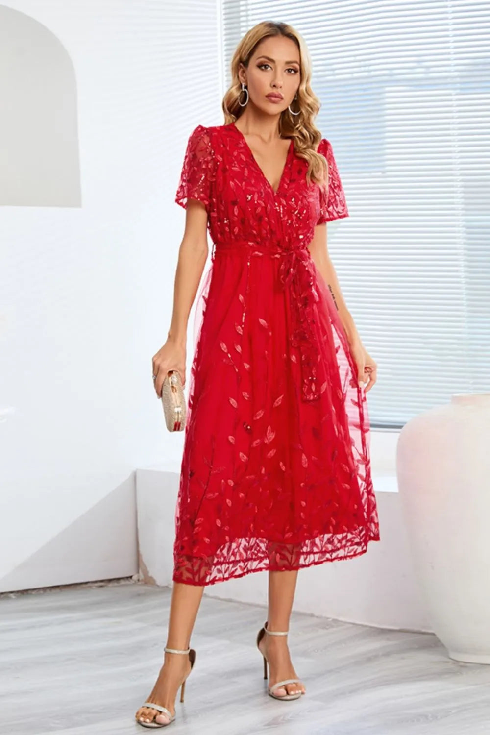 Sequin Leaf Embroidery Tie Front Short Sleeve Dress - Wellen Fashion