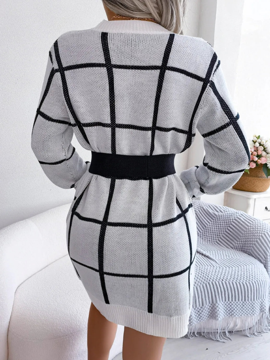 Plaid Round Neck Dropped Shoulder Sweater Dress - Wellen Fashion