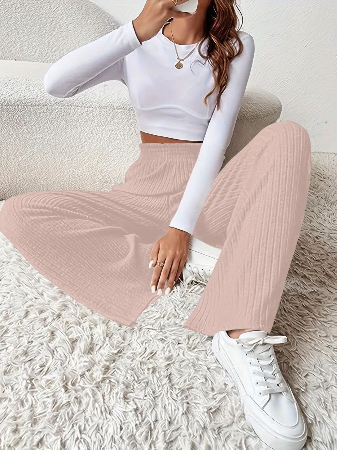 Ribbed High Waist Pants - Wellen Fashion