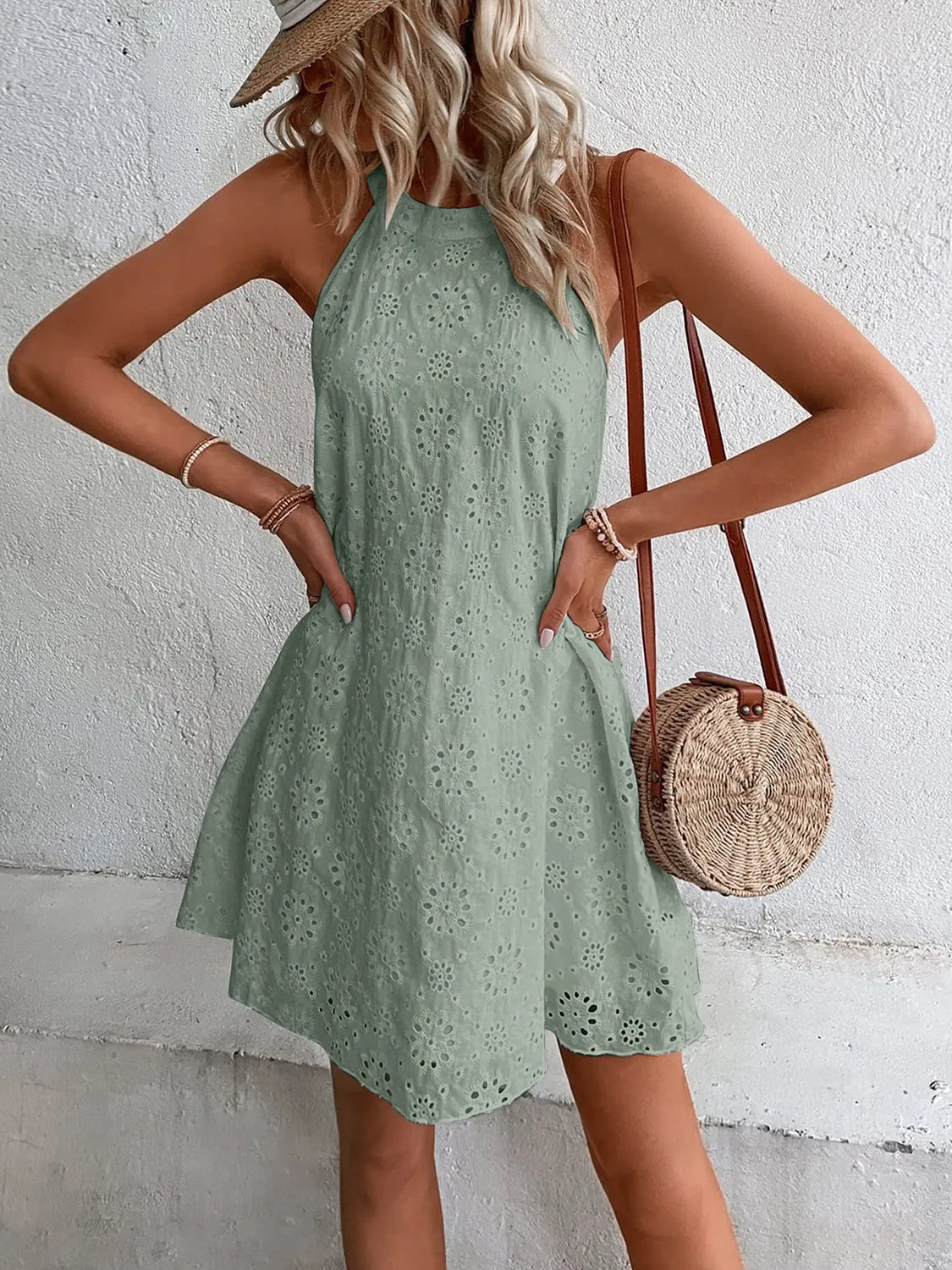 Eyelet Grecian Neck Mini Dress - Wellen Fashion