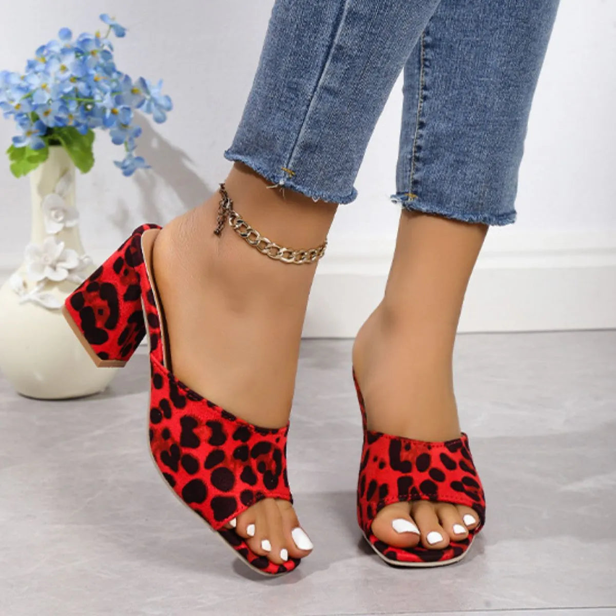 Leopard Block Heel Suede Sandals - Wellen Fashion