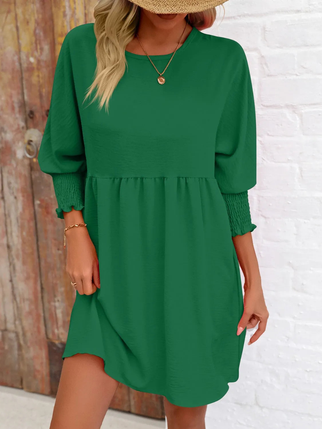 Round Neck Lantern Sleeve Mini Dress - Wellen Fashion