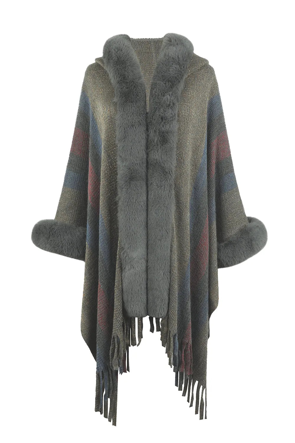 Color Block Fringe Detail Poncho - Wellen Fashion