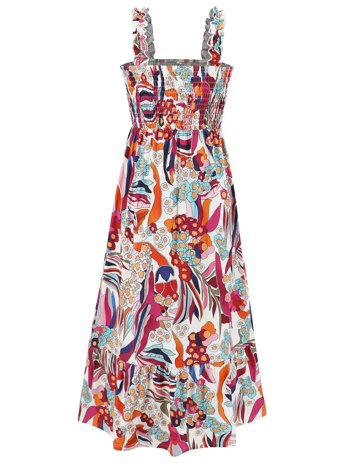 Smocked Printed Square Neck Sleeveless Dress - Wellen Fashion