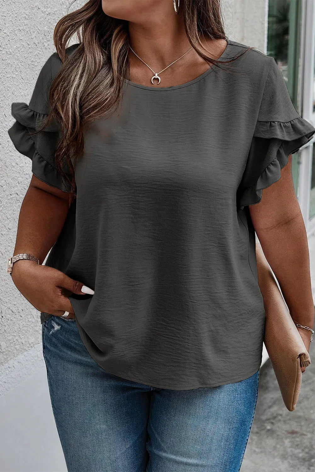 Plus Size Ruffled Round Neck Short Sleeve Blouse - Wellen Fashion