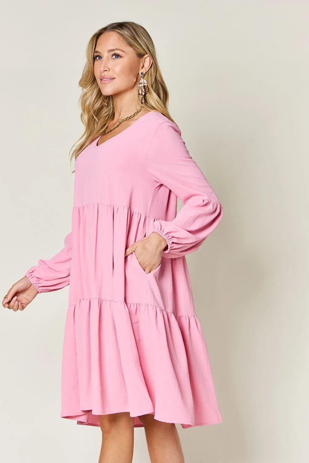 Double Take Full Size V-Neck Balloon Sleeve Tiered Dress with Pockets - Wellen Fashion