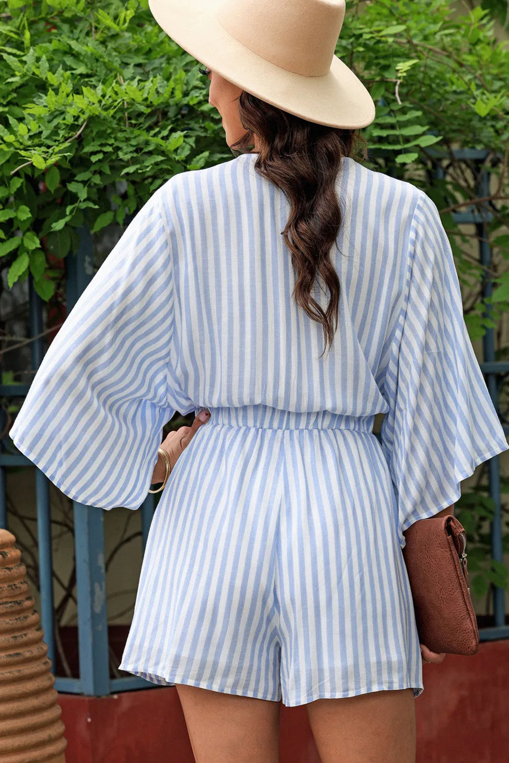 Tied Striped Three-Quarter Sleeve Romper - Wellen Fashion