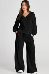 V-Neck Long Sleeve Top and Pants Active Set - Wellen Fashion