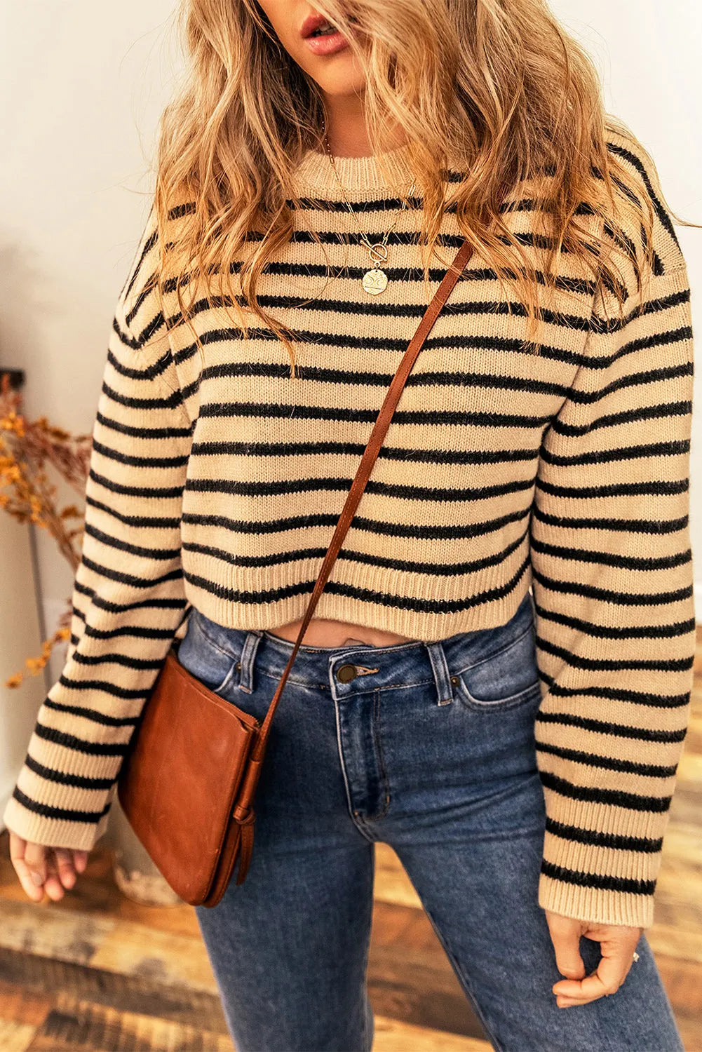 Striped Round Neck Long Sleeve Cropped Sweater - Wellen Fashion