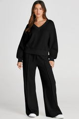 V-Neck Long Sleeve Top and Pants Active Set - Wellen Fashion