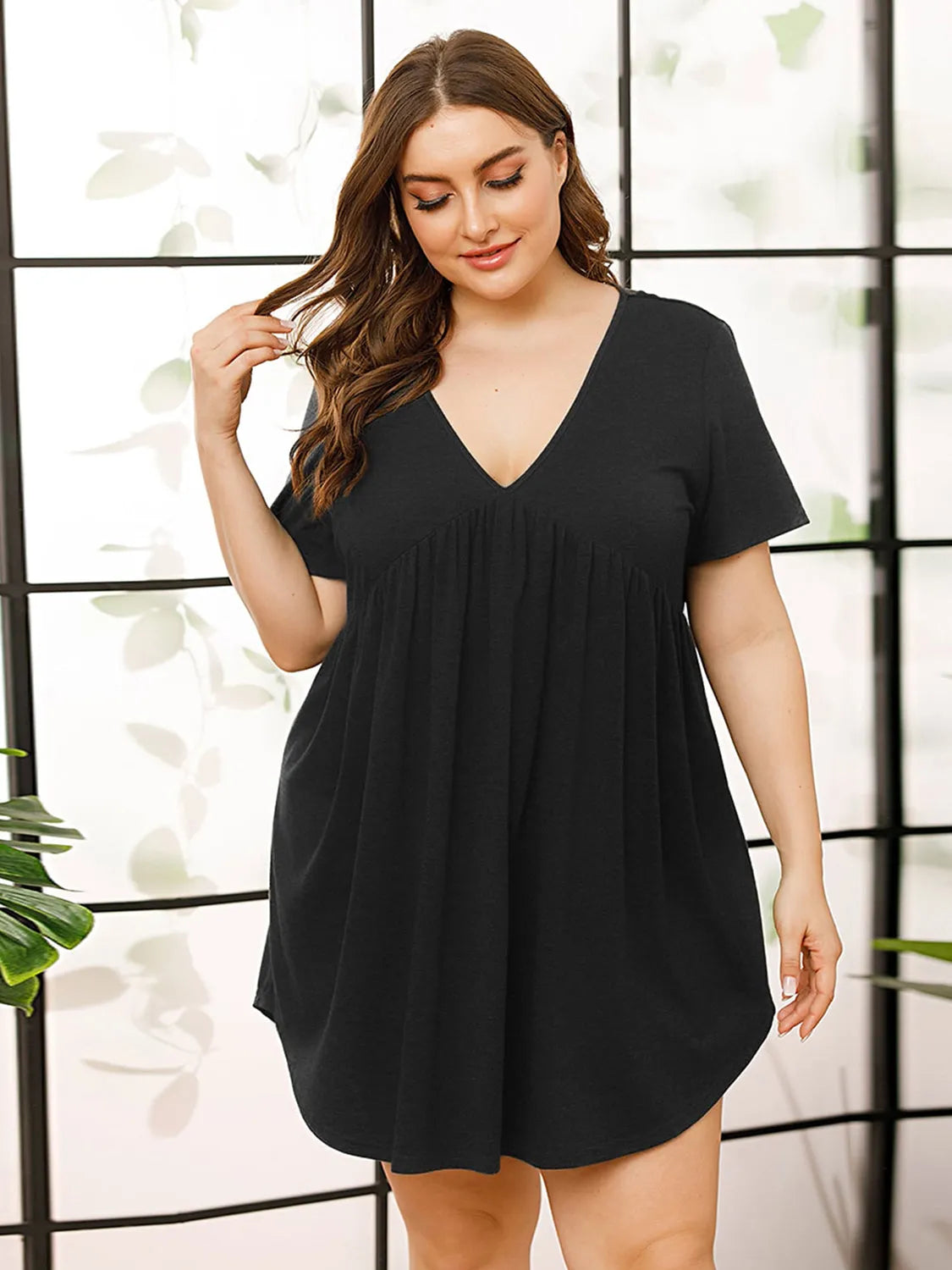 V-Neck Short Sleeve Lounge Dress - Wellen Fashion