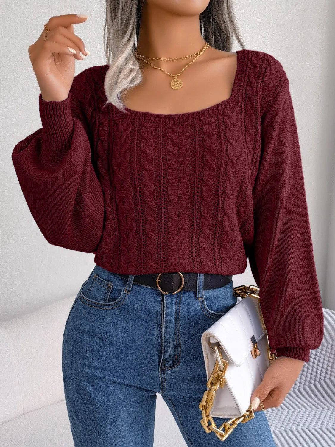 Cable-Knit Square Neck Long Sleeve Sweater - Wellen Fashion