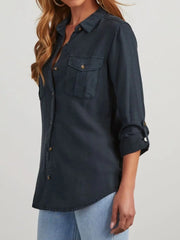 Collared Neck Roll-Tab Sleeve Denim Top - Wellen Fashion