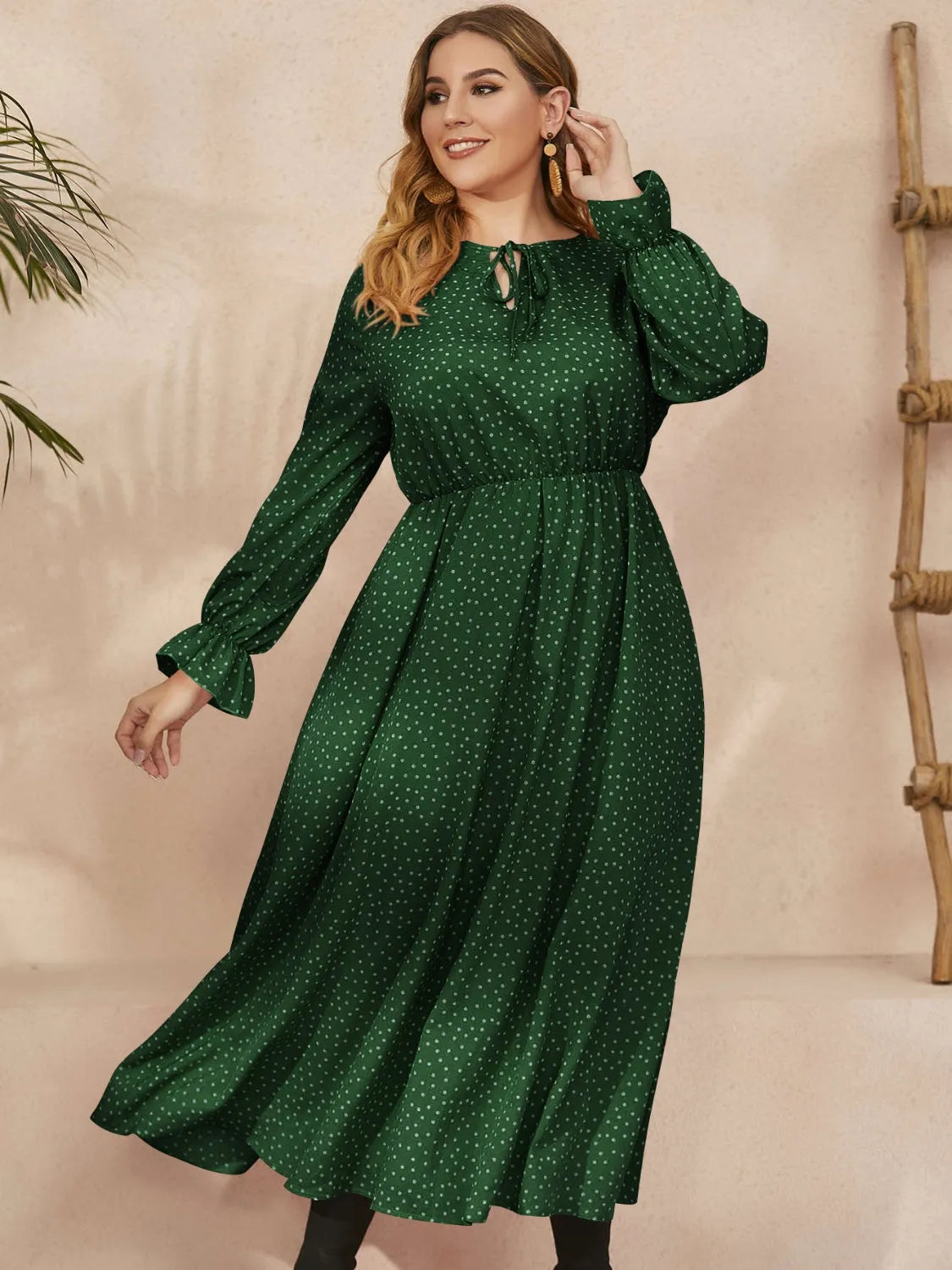 Honey Plus Size Ruffled Polka Dot Long Sleeve Midi Dress - Wellen Fashion